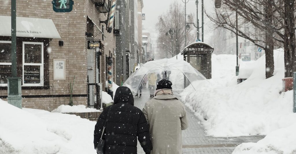 札幌雪まつりの屋台通りで湯気を立てる味噌ラーメンとジンギスカンの香りが漂う風景